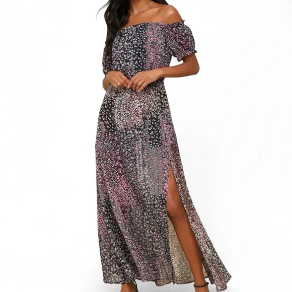 Lulus Neva Navy‎ Blue Floral Print Off-the-Shoulder Maxi Dress - Picture 10 of 10